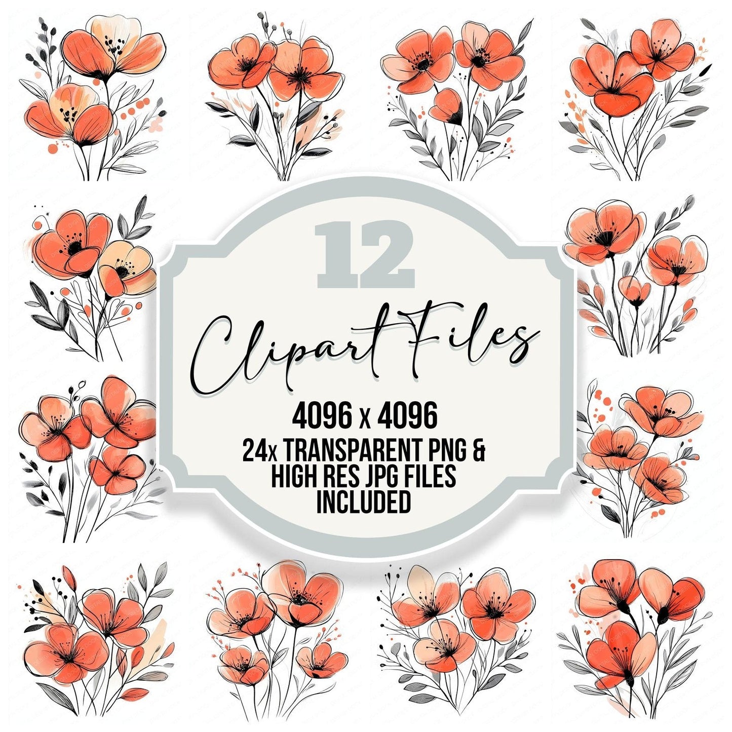 Bright Coral Abstract Flowers Clipart Set (DDD004771)