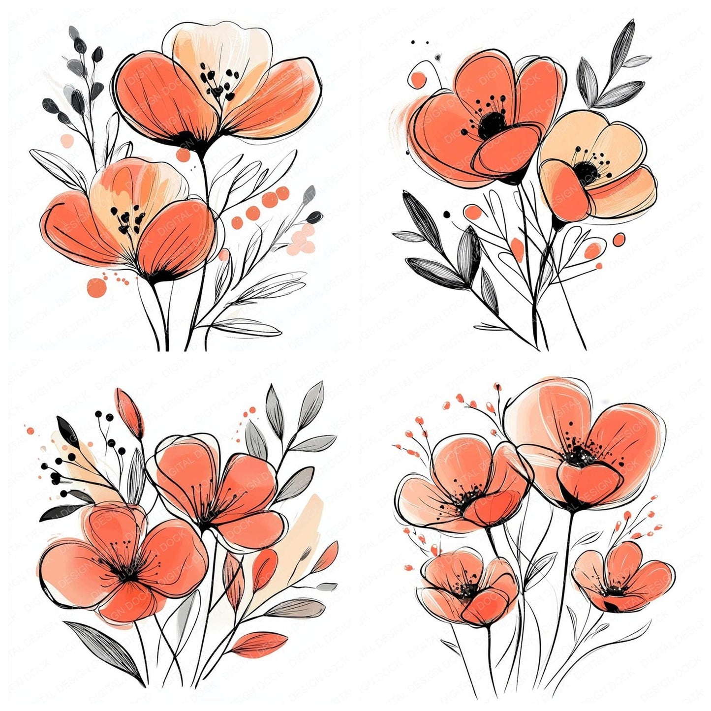 Bright Coral Abstract Flowers Clipart Set (DDD004771)