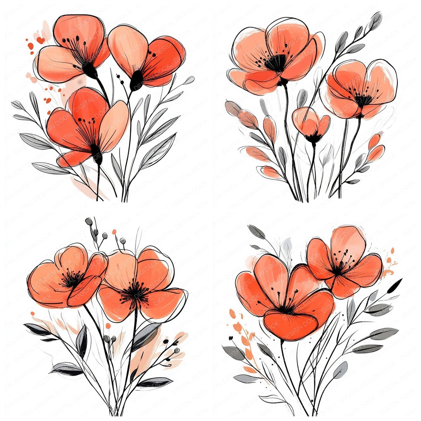 Bright Coral Abstract Flowers Clipart Set (DDD004771)