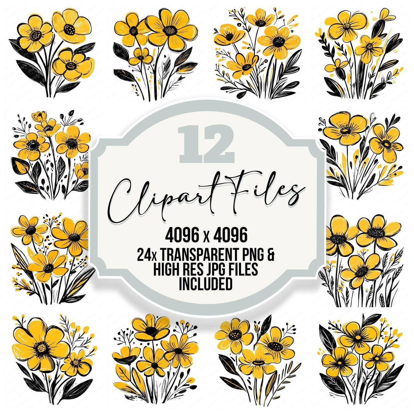 Bright Yellow Abstract Flowers Clipart Set (DDD004772)