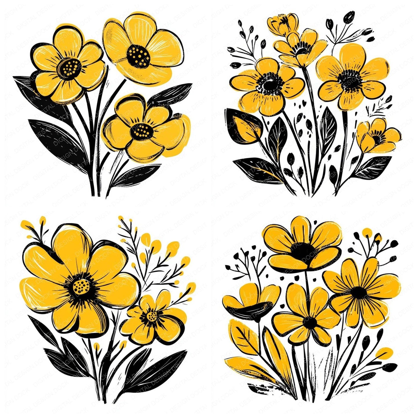 Bright Yellow Abstract Flowers Clipart Set (DDD004772)