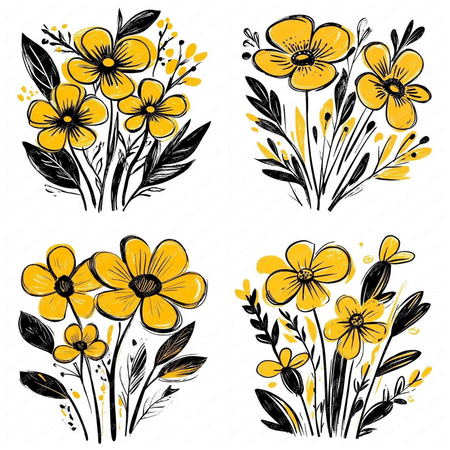 Bright Yellow Abstract Flowers Clipart Set (DDD004772)