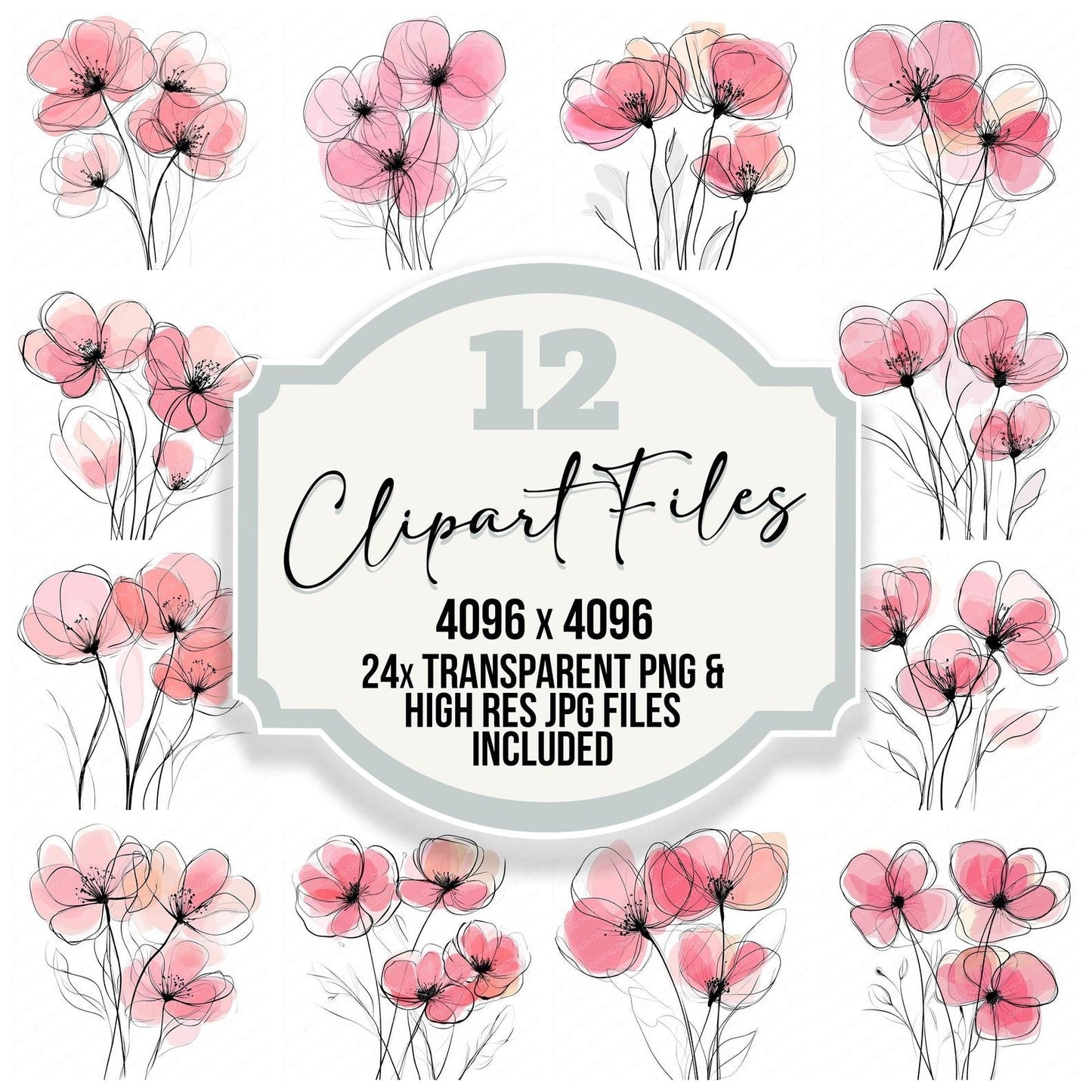 Bubblegum Pink Abstract Flowers Clipart Set (DDD004773)