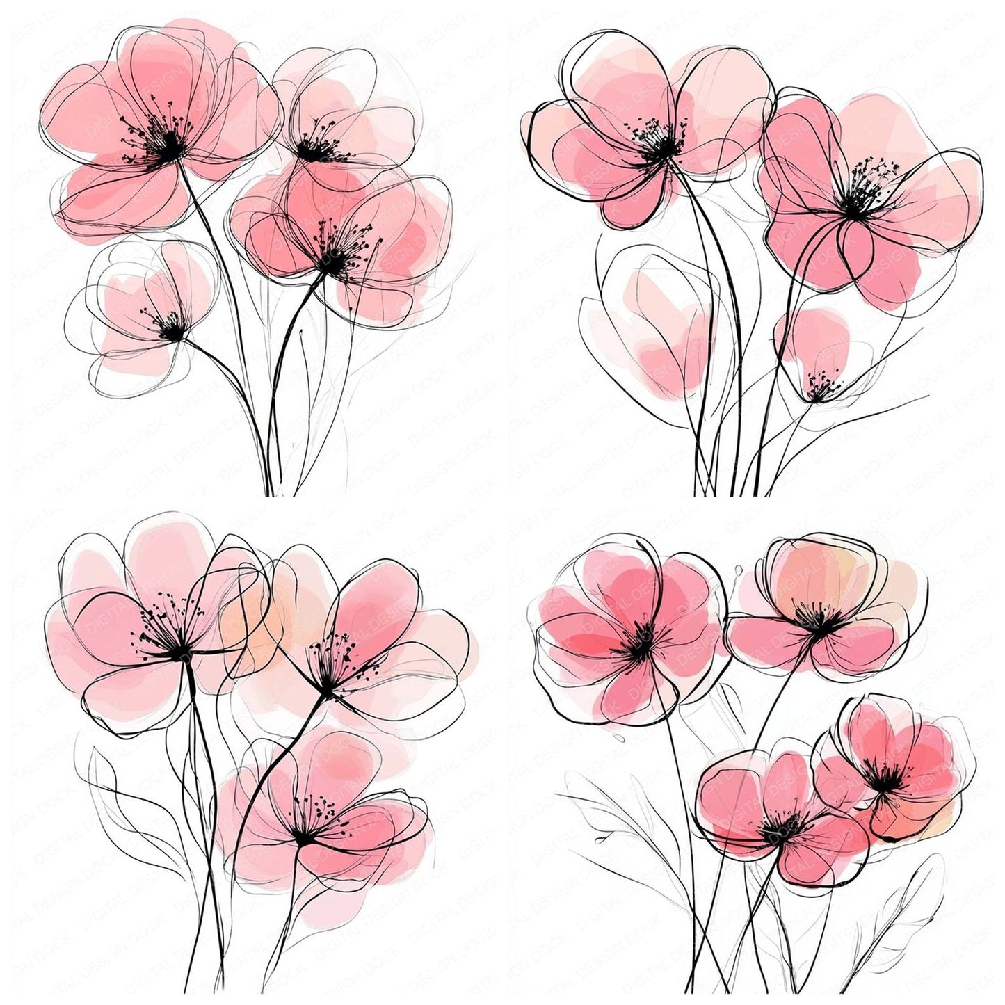 Bubblegum Pink Abstract Flowers Clipart Set (DDD004773)