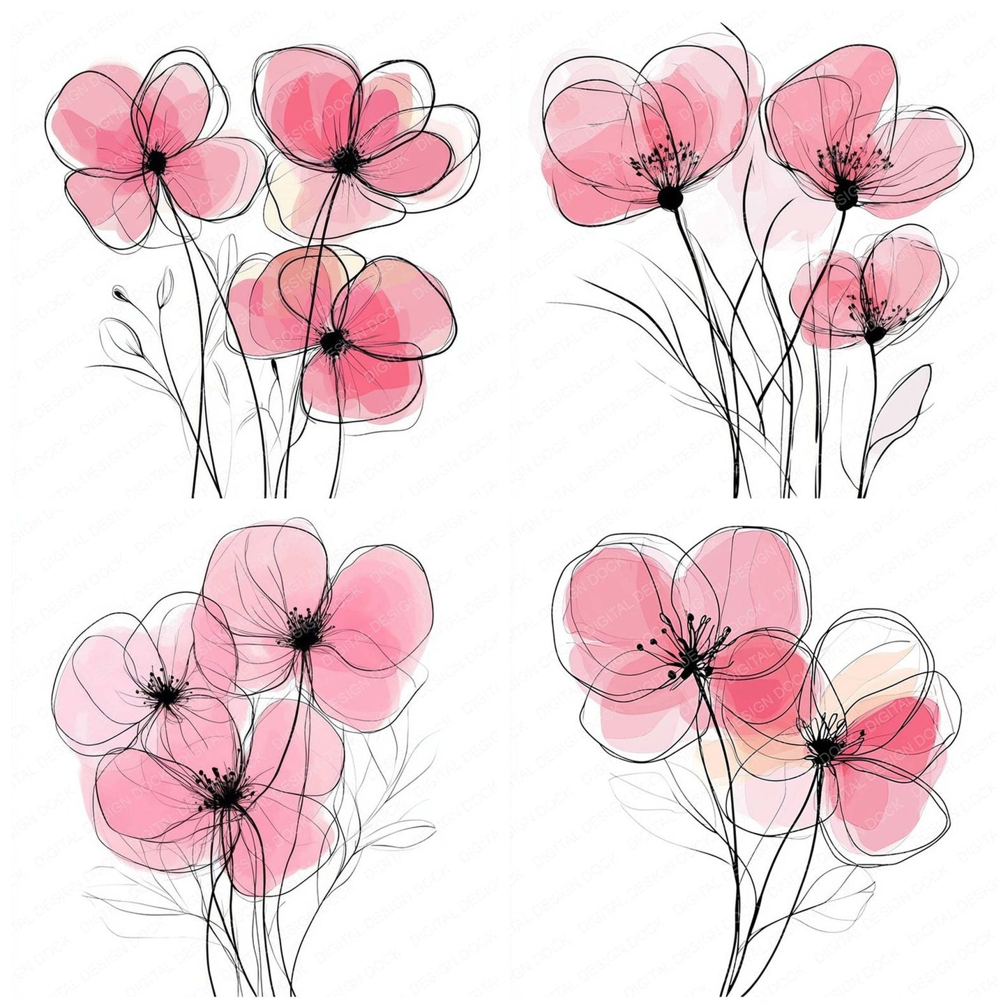 Bubblegum Pink Abstract Flowers Clipart Set (DDD004773)