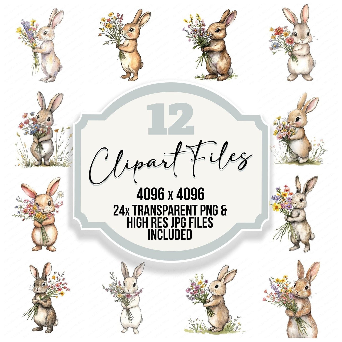 Bunny Holding Wildflowers Clipart Set (DDD004778)
