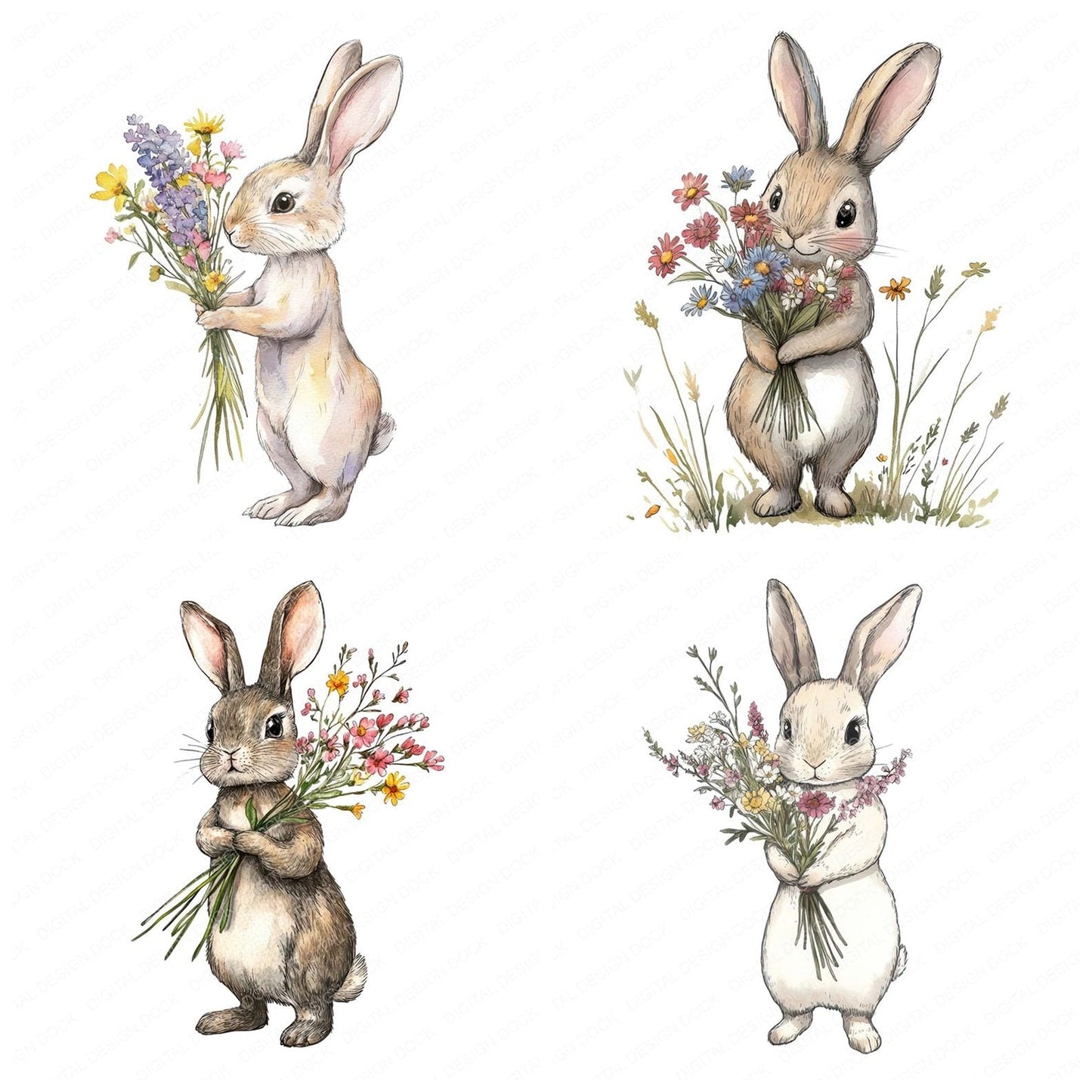 Bunny Holding Wildflowers Clipart Set (DDD004778)