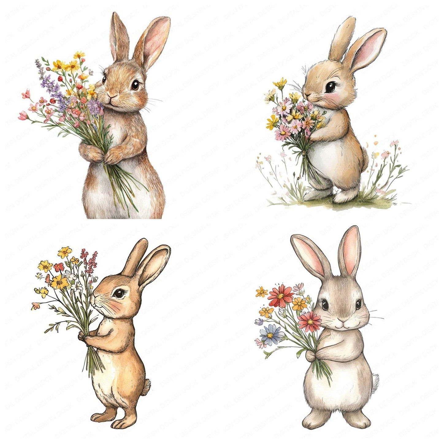 Bunny Holding Wildflowers Clipart Set (DDD004778)