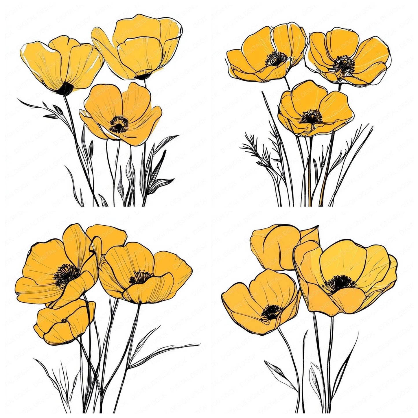 Buttercup Yellow Abstract Flowers Clipart Set (DDD004781)