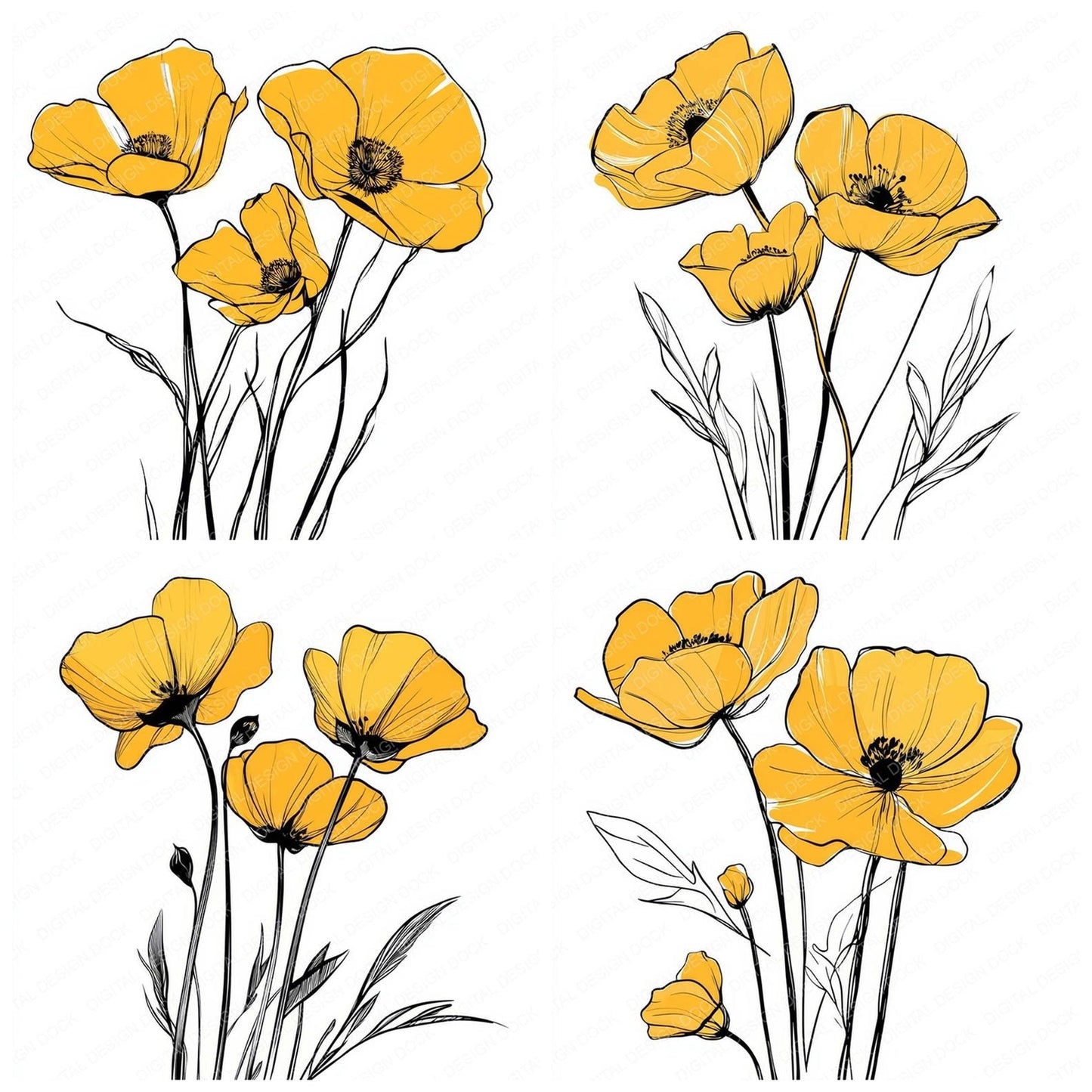 Buttercup Yellow Abstract Flowers Clipart Set (DDD004781)