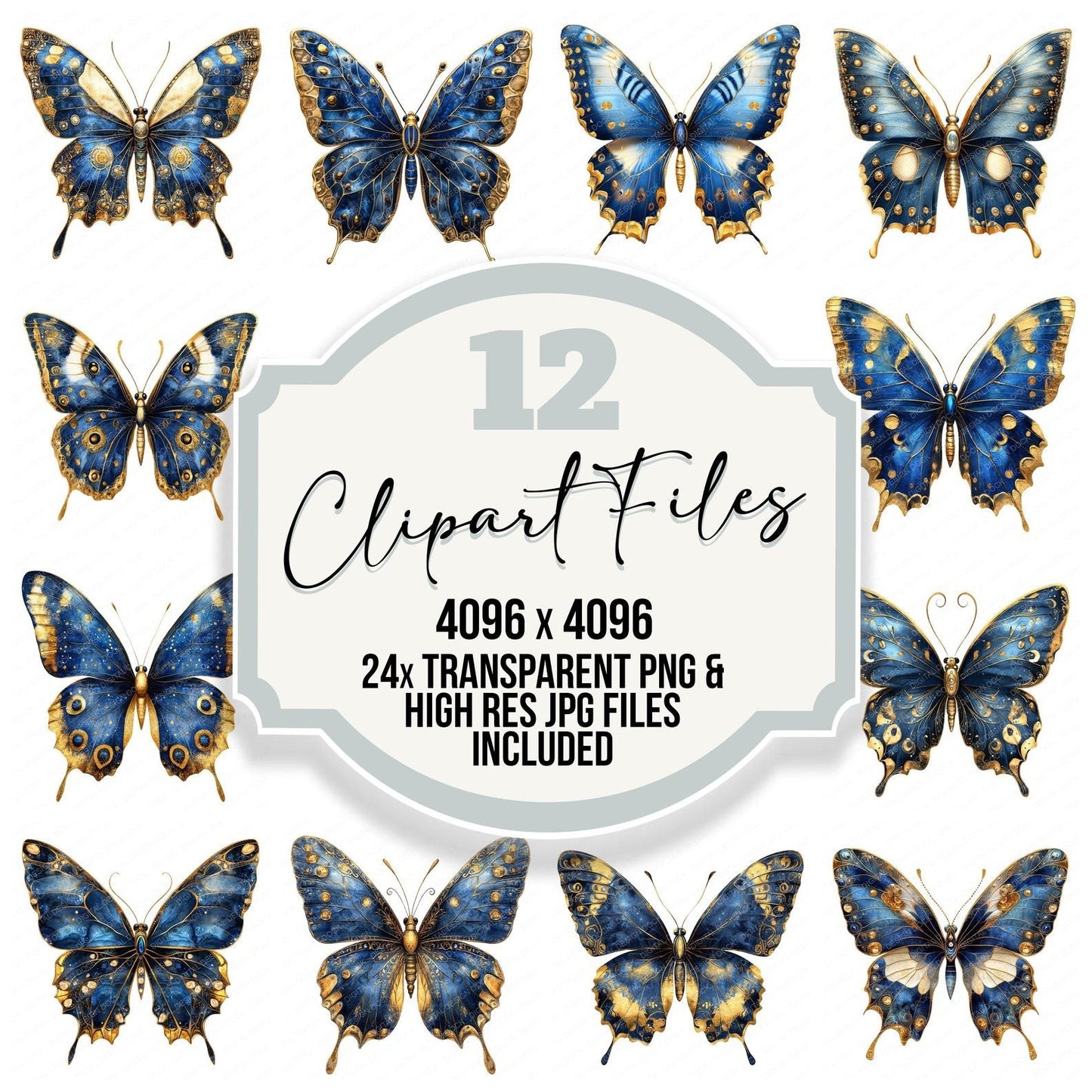 Butterfly Baroque Blue and Gold Clipart Set (DDD004783)