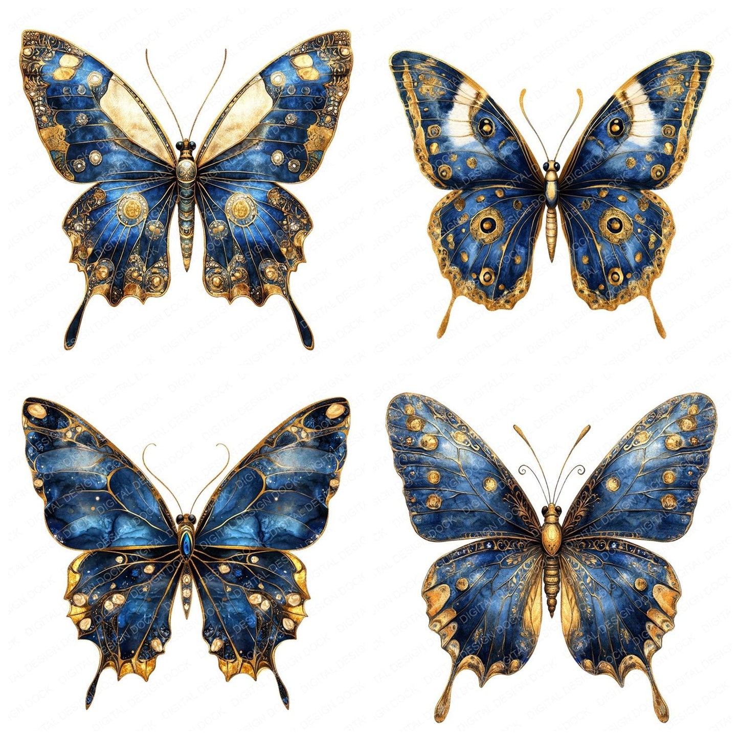 Butterfly Baroque Blue and Gold Clipart Set (DDD004783)