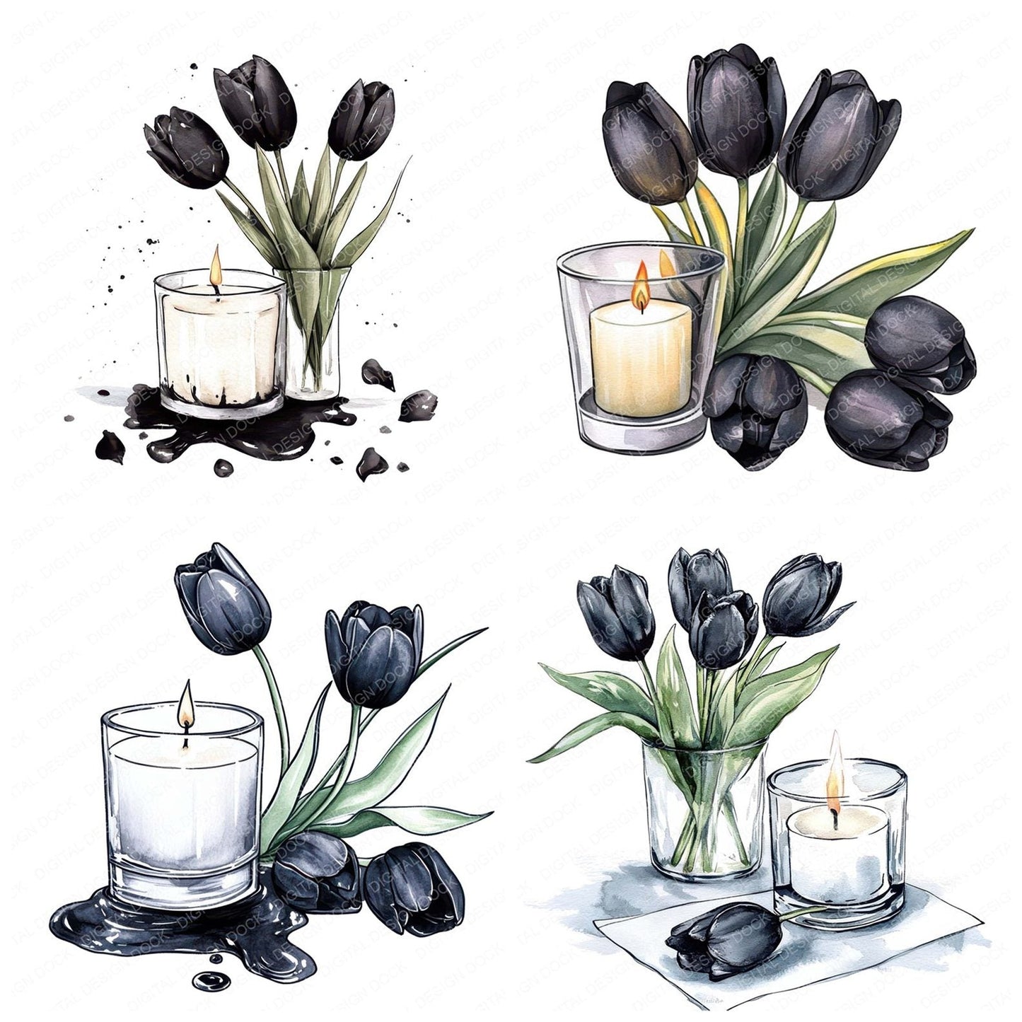 Candle with Black Tulips Clipart Set (DDD004798)