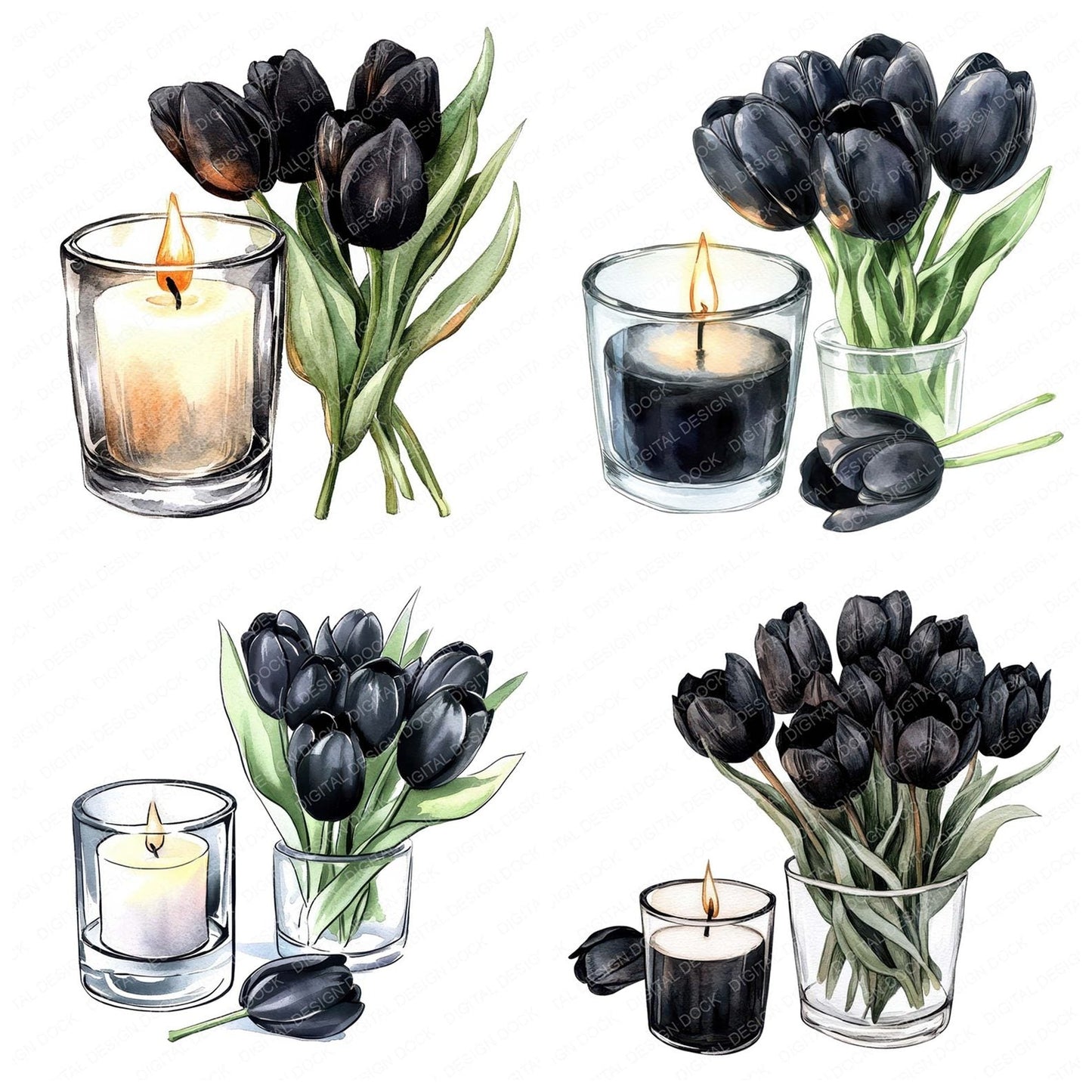 Candle with Black Tulips Clipart Set (DDD004798)