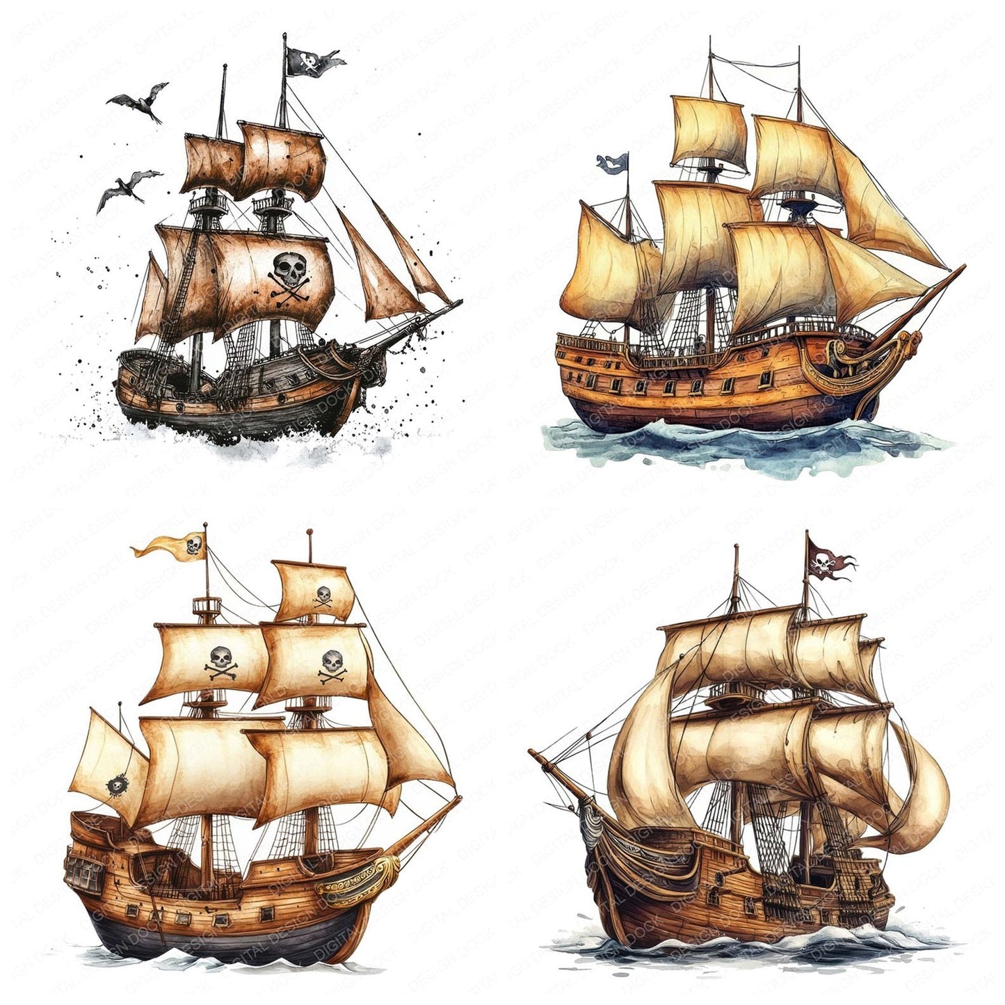 Cartoon Pirate Ship Clipart Set (DDD004816)