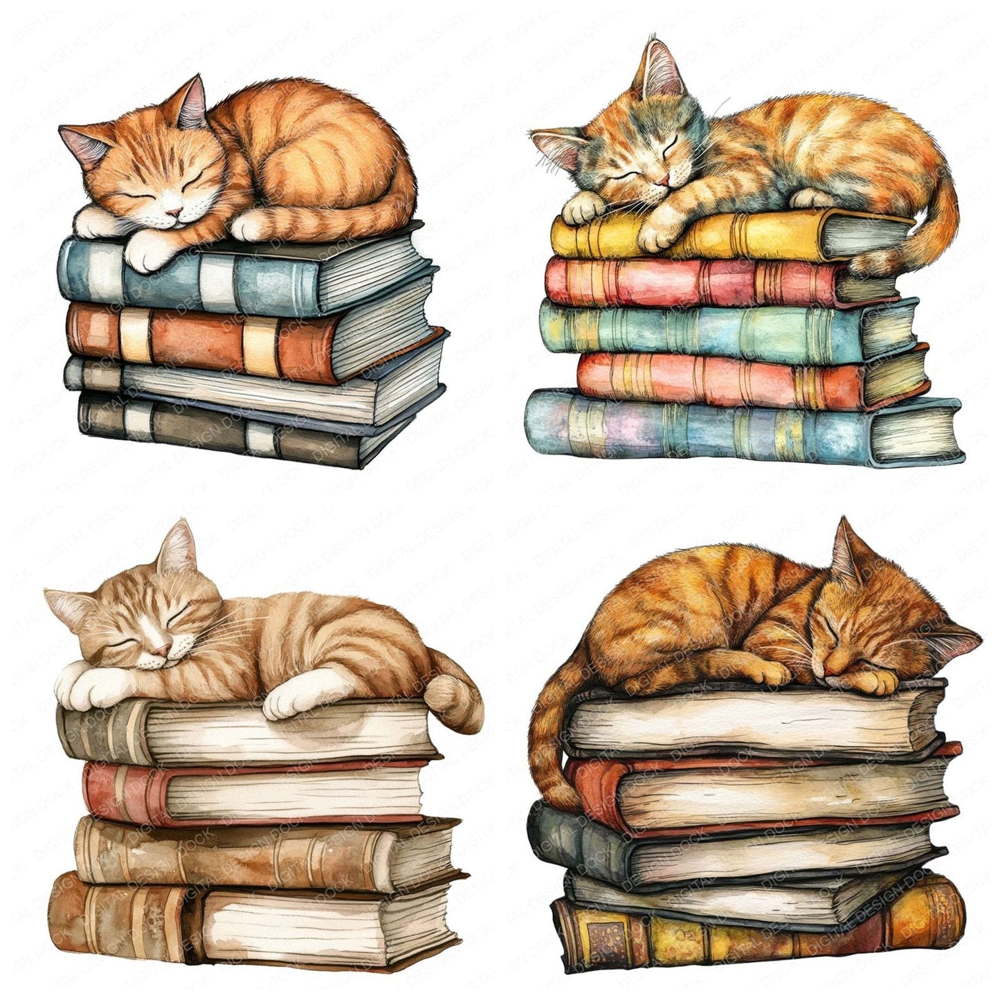 Cat Sleeping on Books Clipart Set (DDD004821)