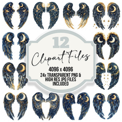 Celestial Night Angel Wings clipart set cover showing the designs and file details