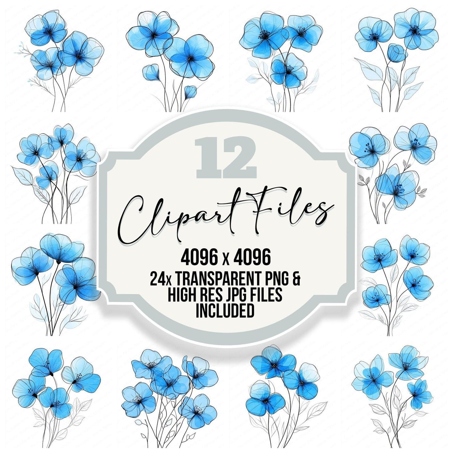 Cerulean Blue Abstract Flowers Clipart Set (DDD004830)