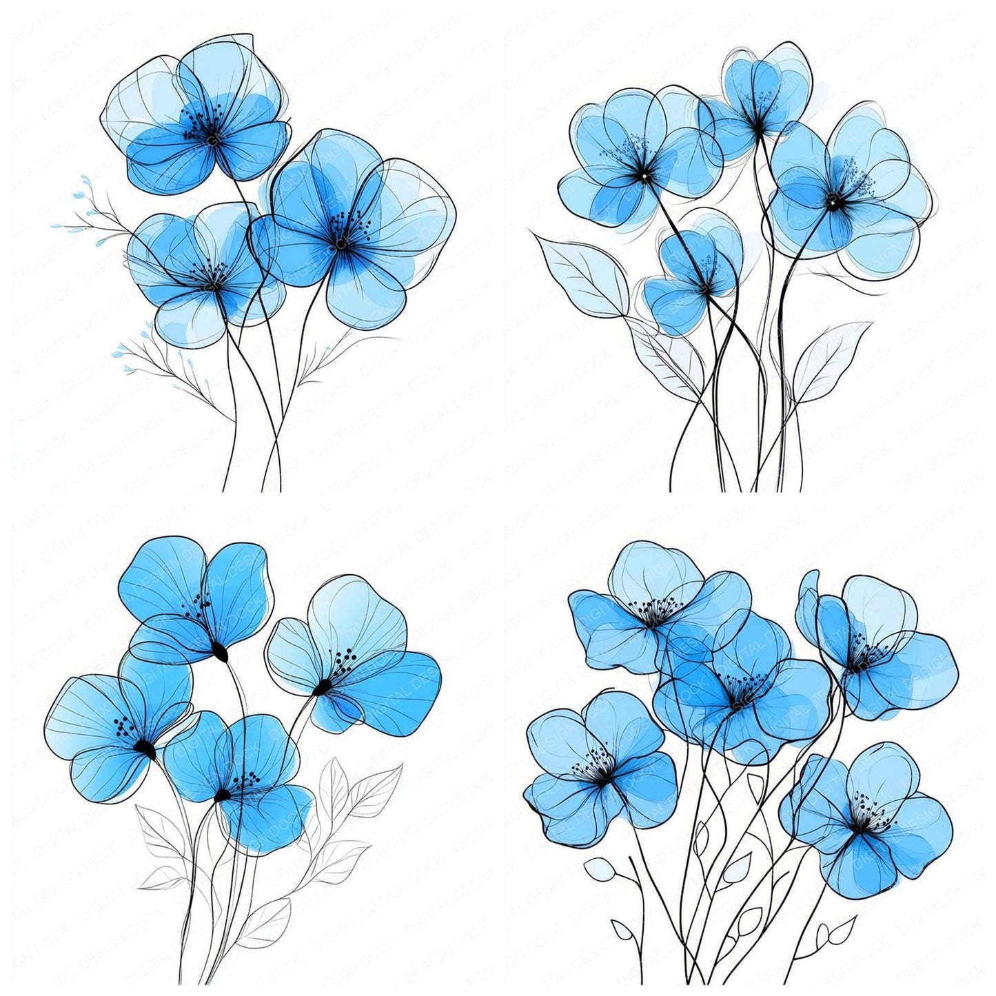 Cerulean Blue Abstract Flowers Clipart Set (DDD004830)