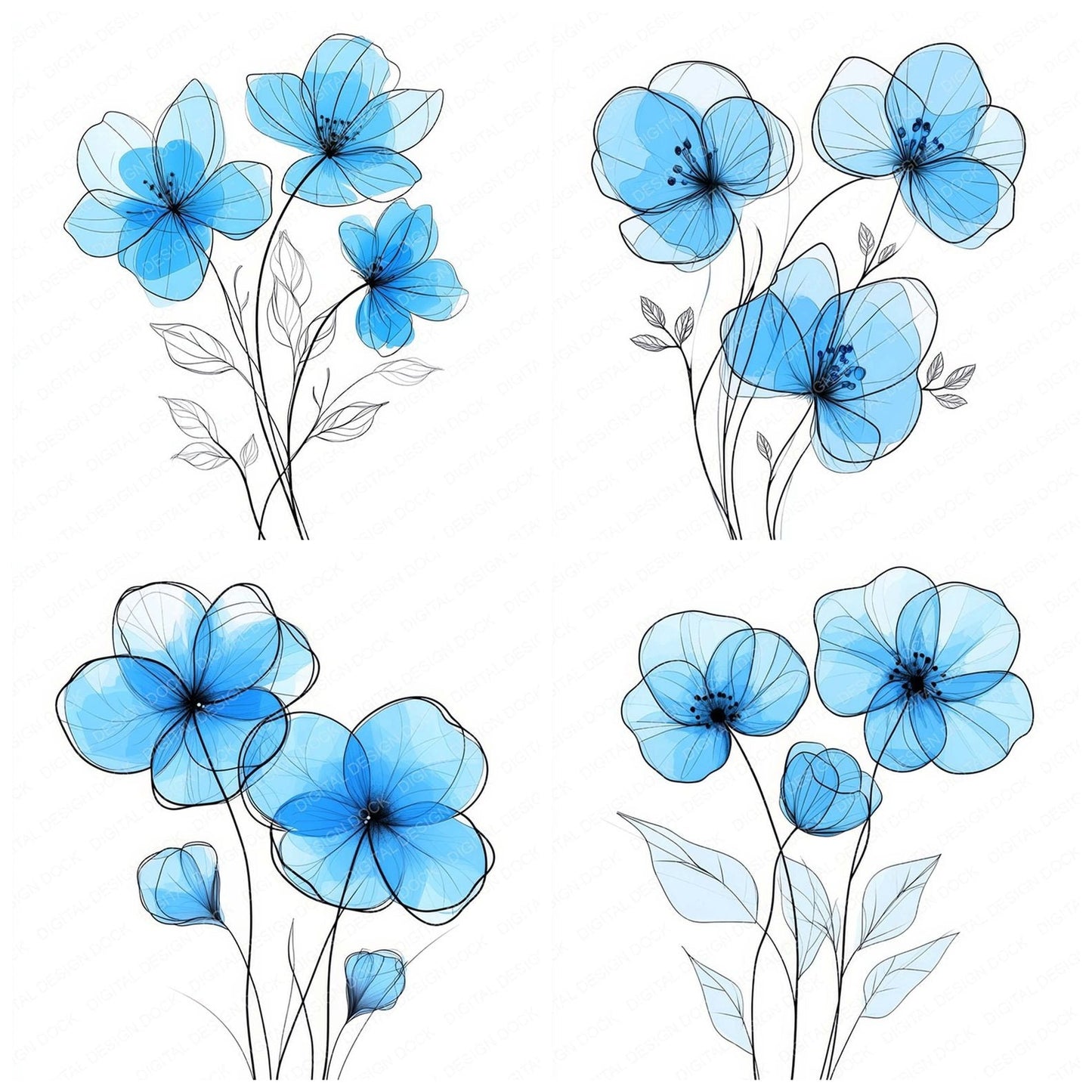 Cerulean Blue Abstract Flowers Clipart Set (DDD004830)