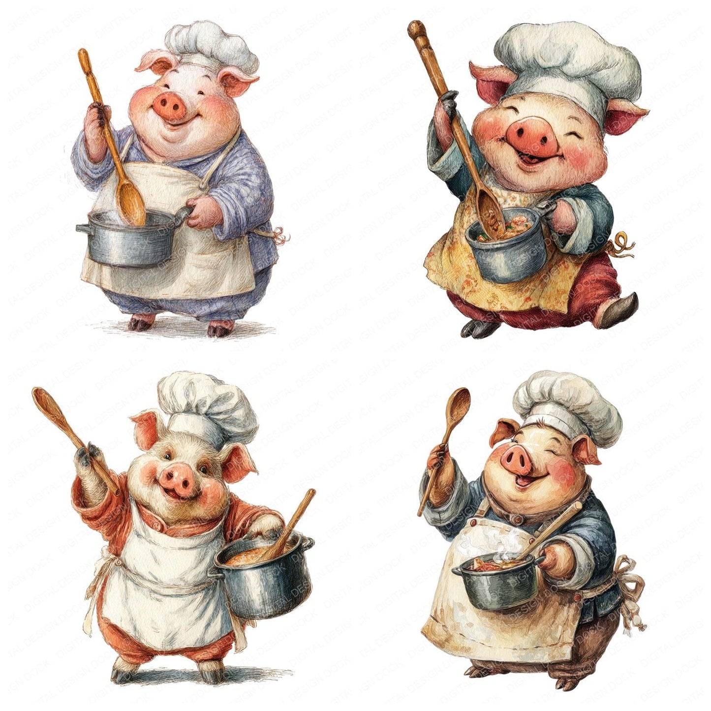 Chef Pig Cartoon Clipart Set (DDD004841)