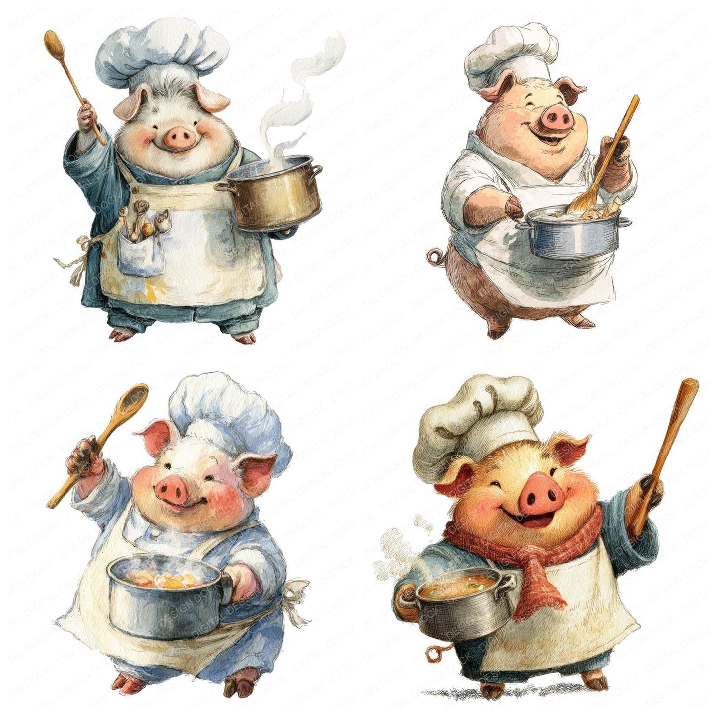 Chef Pig Cartoon Clipart Set (DDD004841)