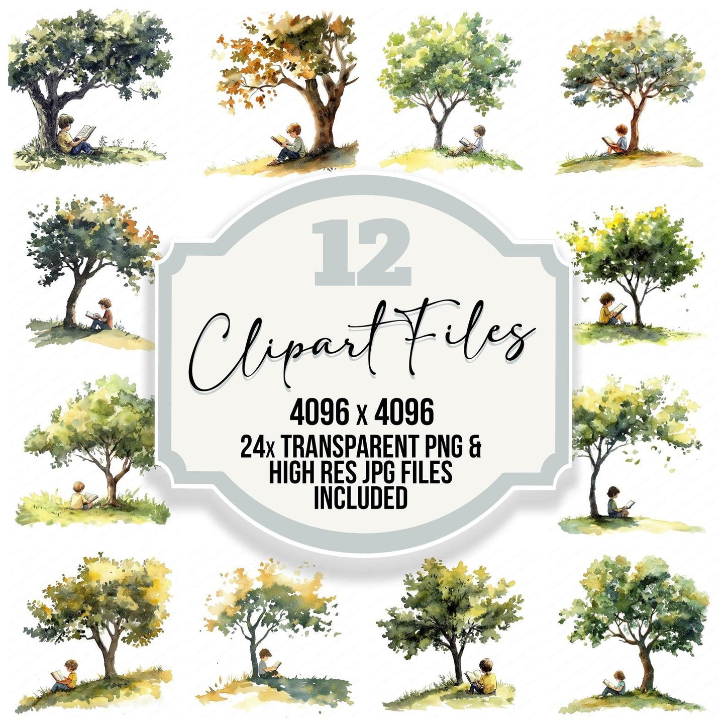 Child Reading Under Tree Clipart Set (DDD004852)