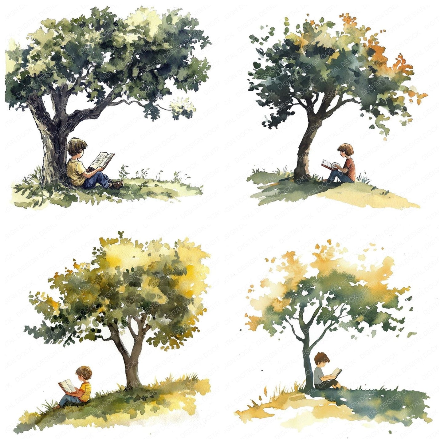 Child Reading Under Tree Clipart Set (DDD004852)