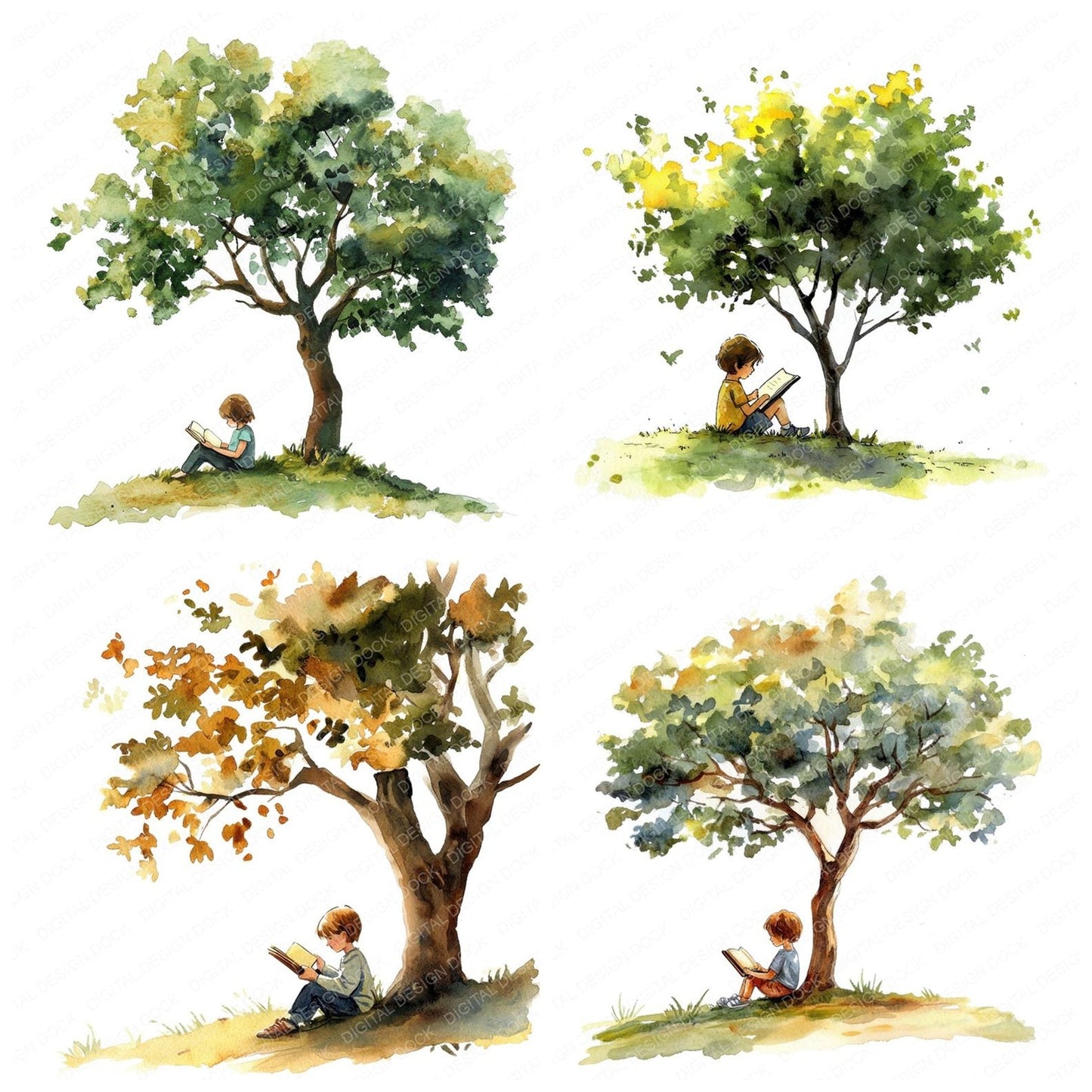 Child Reading Under Tree Clipart Set (DDD004852)