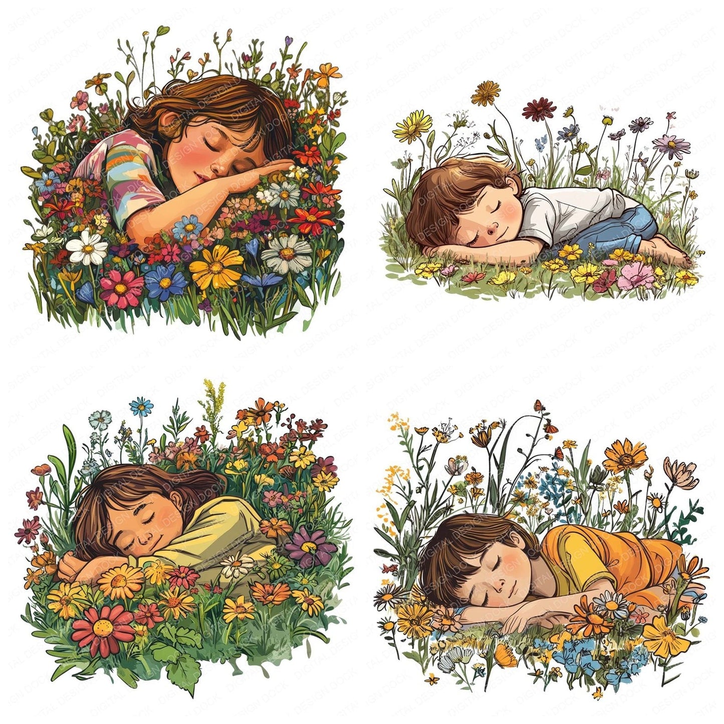 Child Sleeping in Wildflowers Clipart Set (DDD004854)