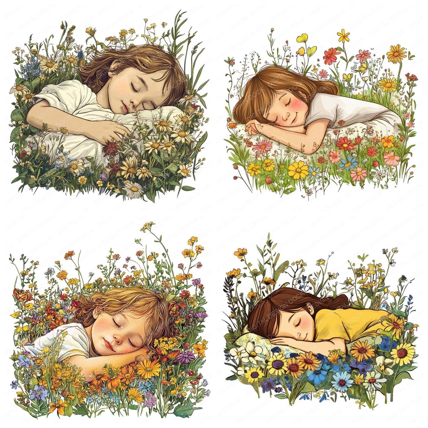 Child Sleeping in Wildflowers Clipart Set (DDD004854)