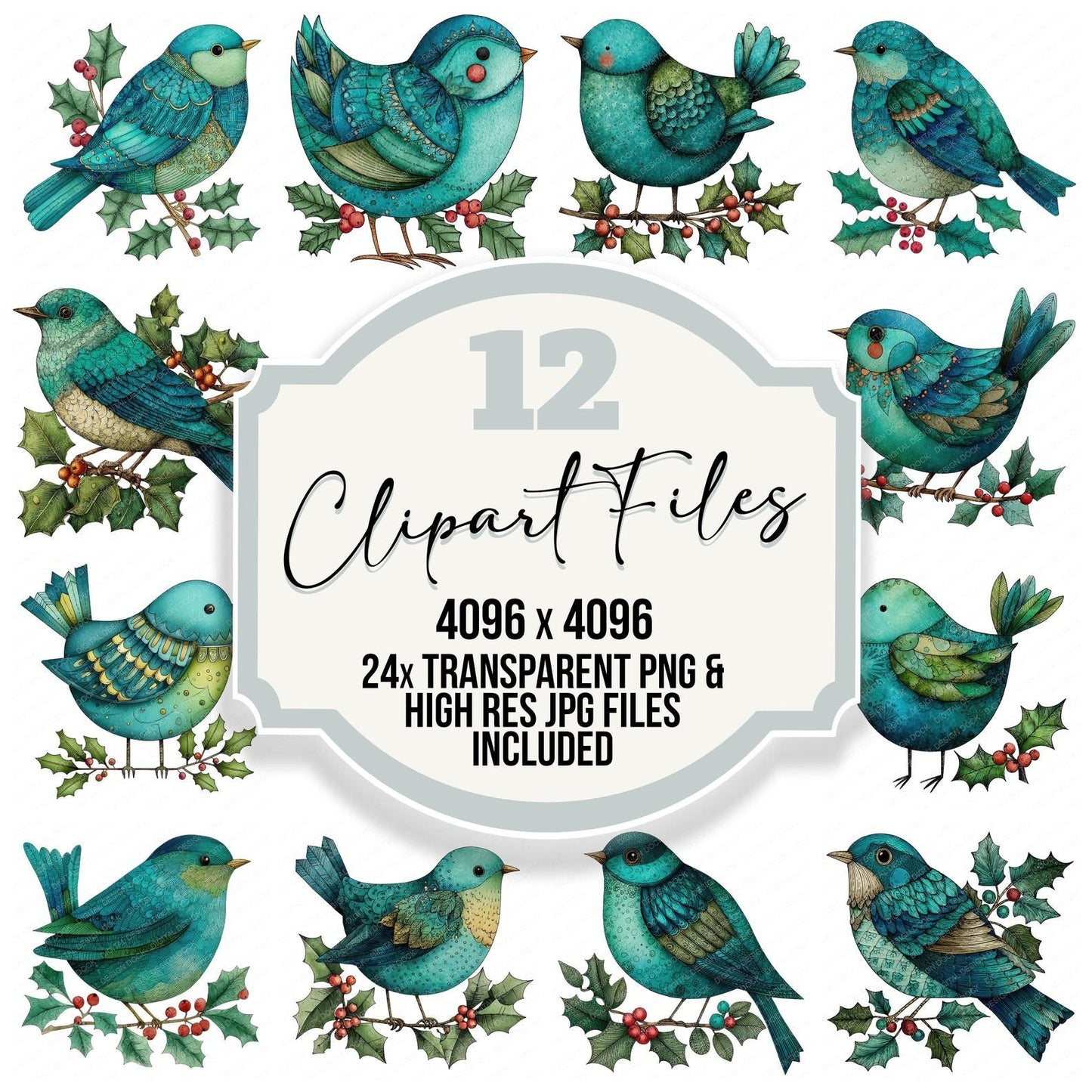Christmas Folk Art Bird Clipart Set (DDD004873)