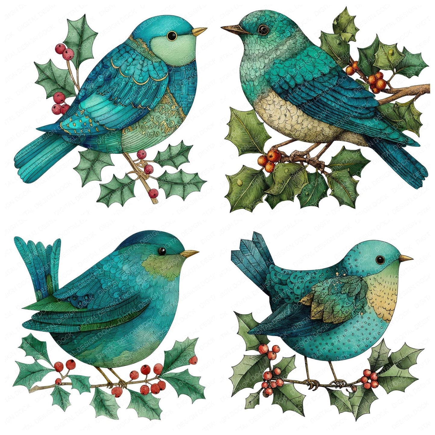 Christmas Folk Art Bird Clipart Set (DDD004873)