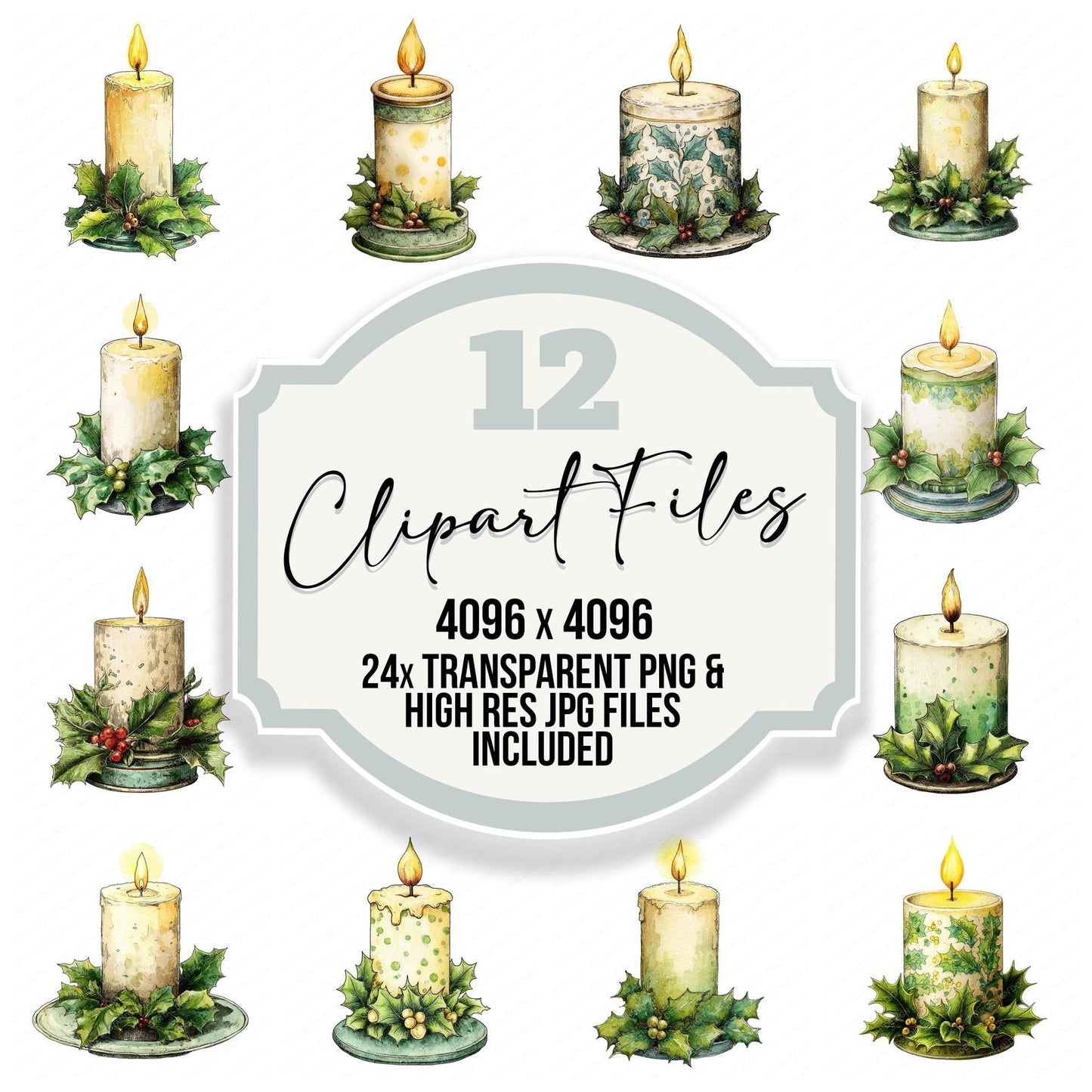 Christmas Folk Art Candle Clipart Set (DDD004874)
