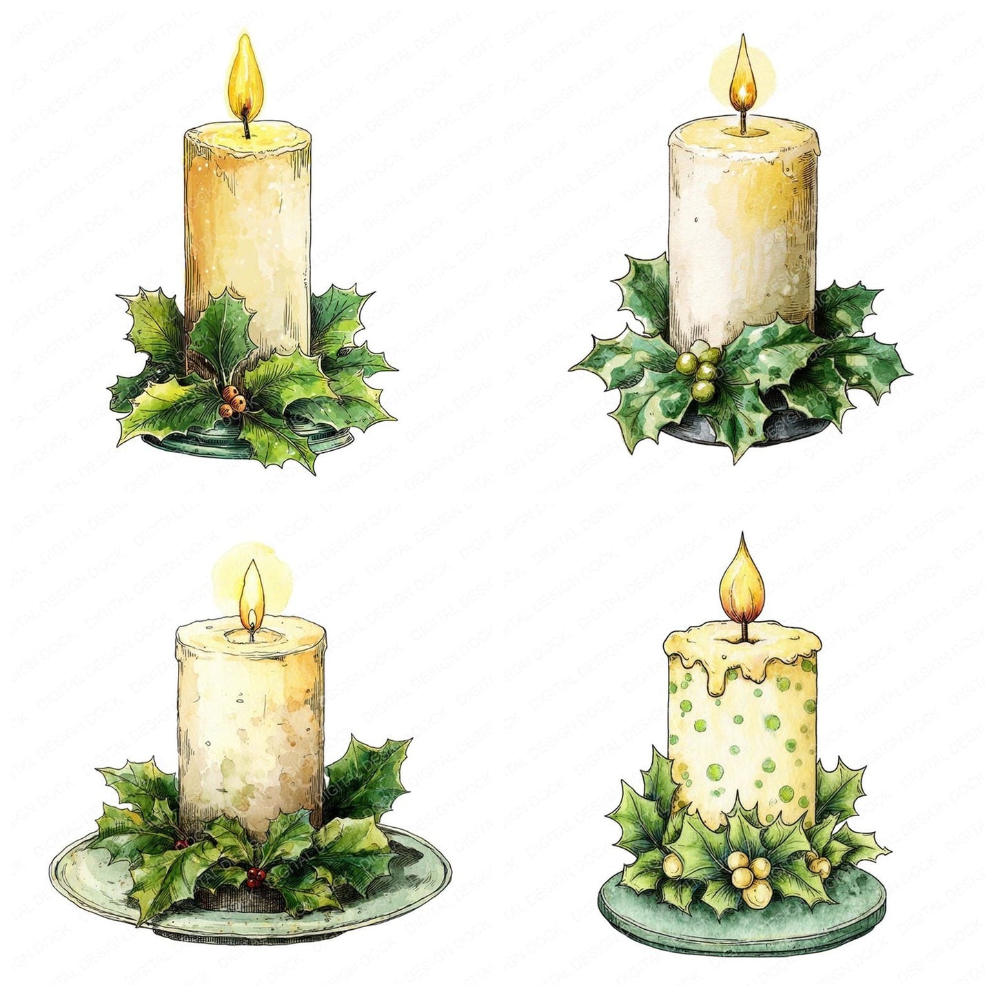 Christmas Folk Art Candle Clipart Set (DDD004874)