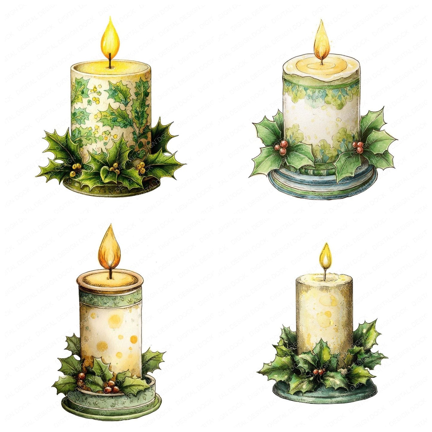 Christmas Folk Art Candle Clipart Set (DDD004874)