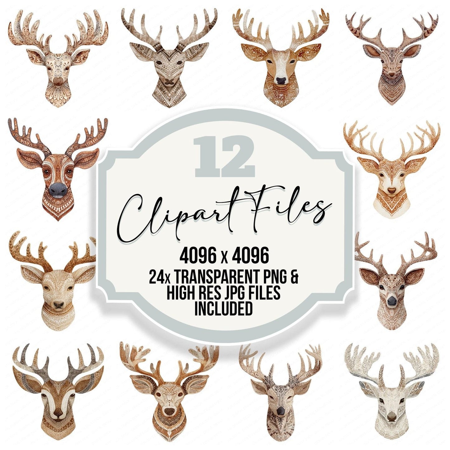 Christmas Folk Art Reindeer Head Clipart Set (DDD004881)