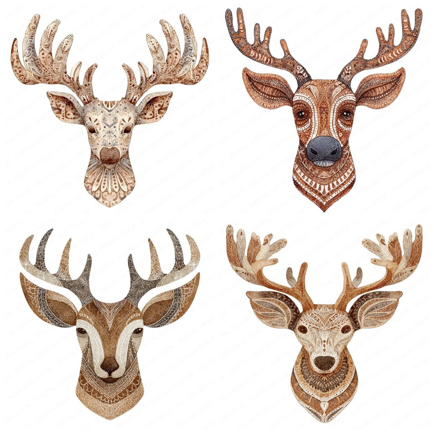 Christmas Folk Art Reindeer Head Clipart Set (DDD004881)