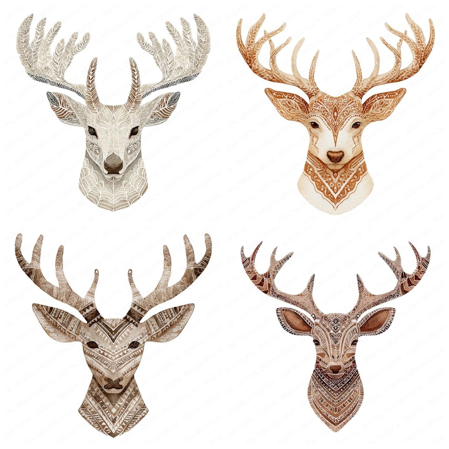 Christmas Folk Art Reindeer Head Clipart Set (DDD004881)
