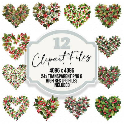 Christmas Heart with Holly and Berries clipart set cover showing the designs and file details