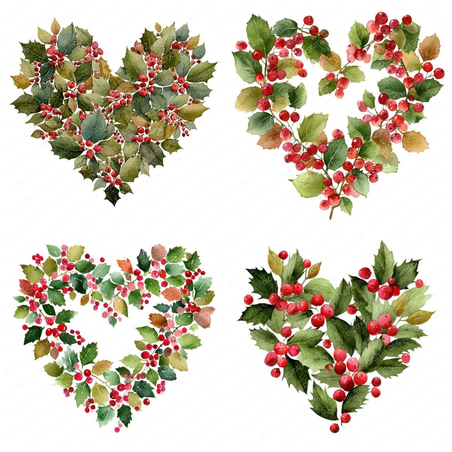 Christmas Heart with Holly and Berries Clipart Set (DDD004889)