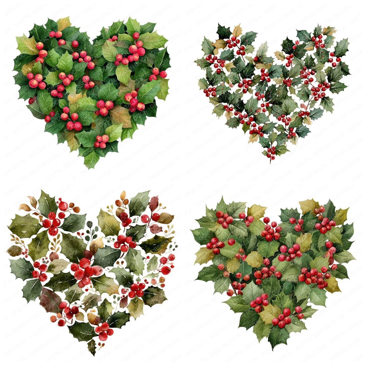 Christmas Heart with Holly and Berries Clipart Set (DDD004889)