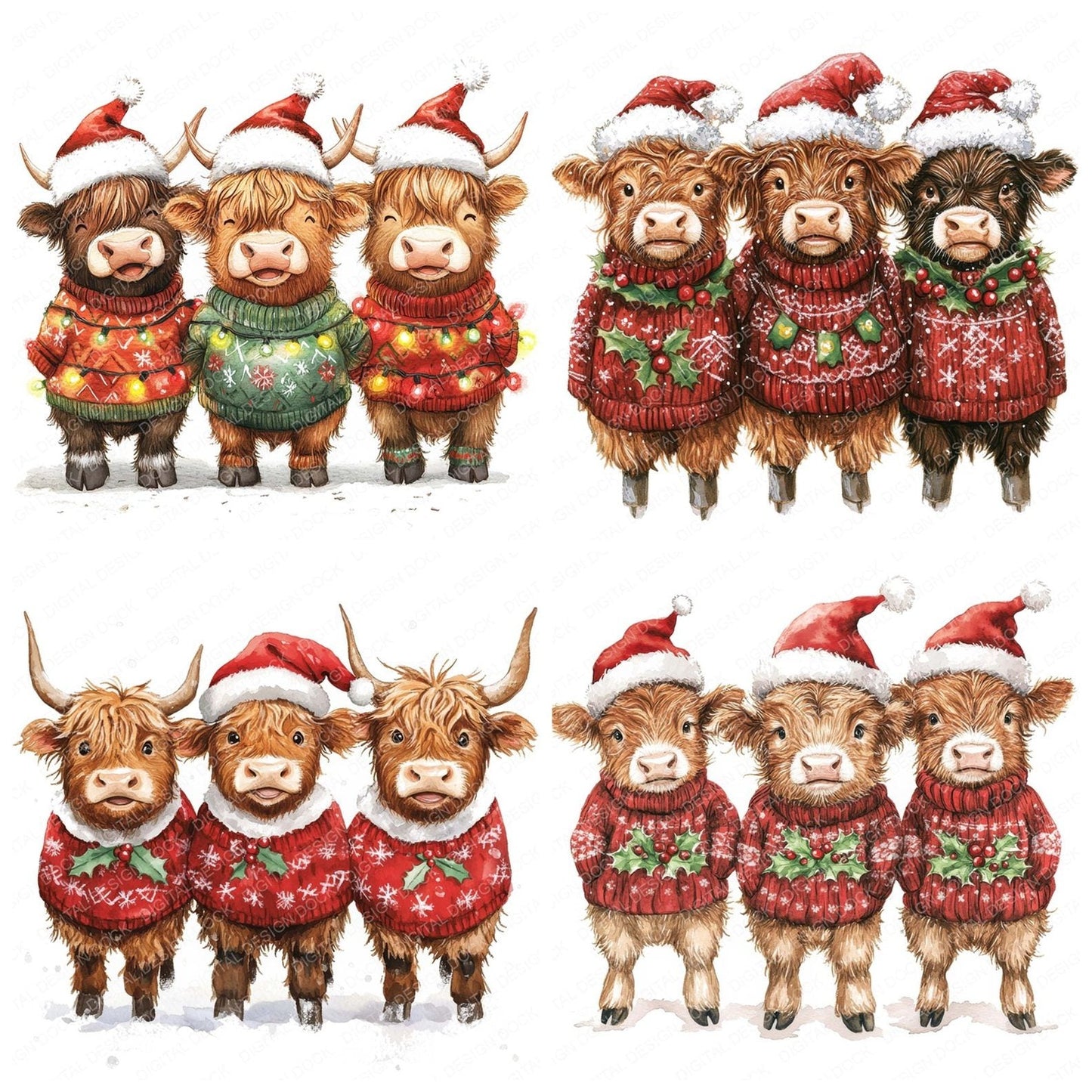 Christmas Highland Cow Group Clipart Set (DDD004891)
