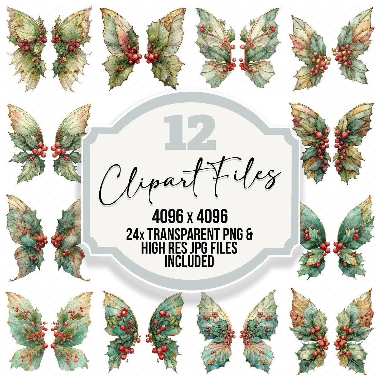 Christmas Holly Fairy Wings Clipart Set (DDD004892)