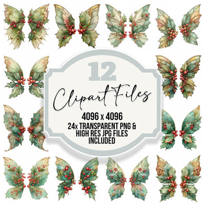 Christmas Holly Fairy Wings clipart set cover showing the designs and file details