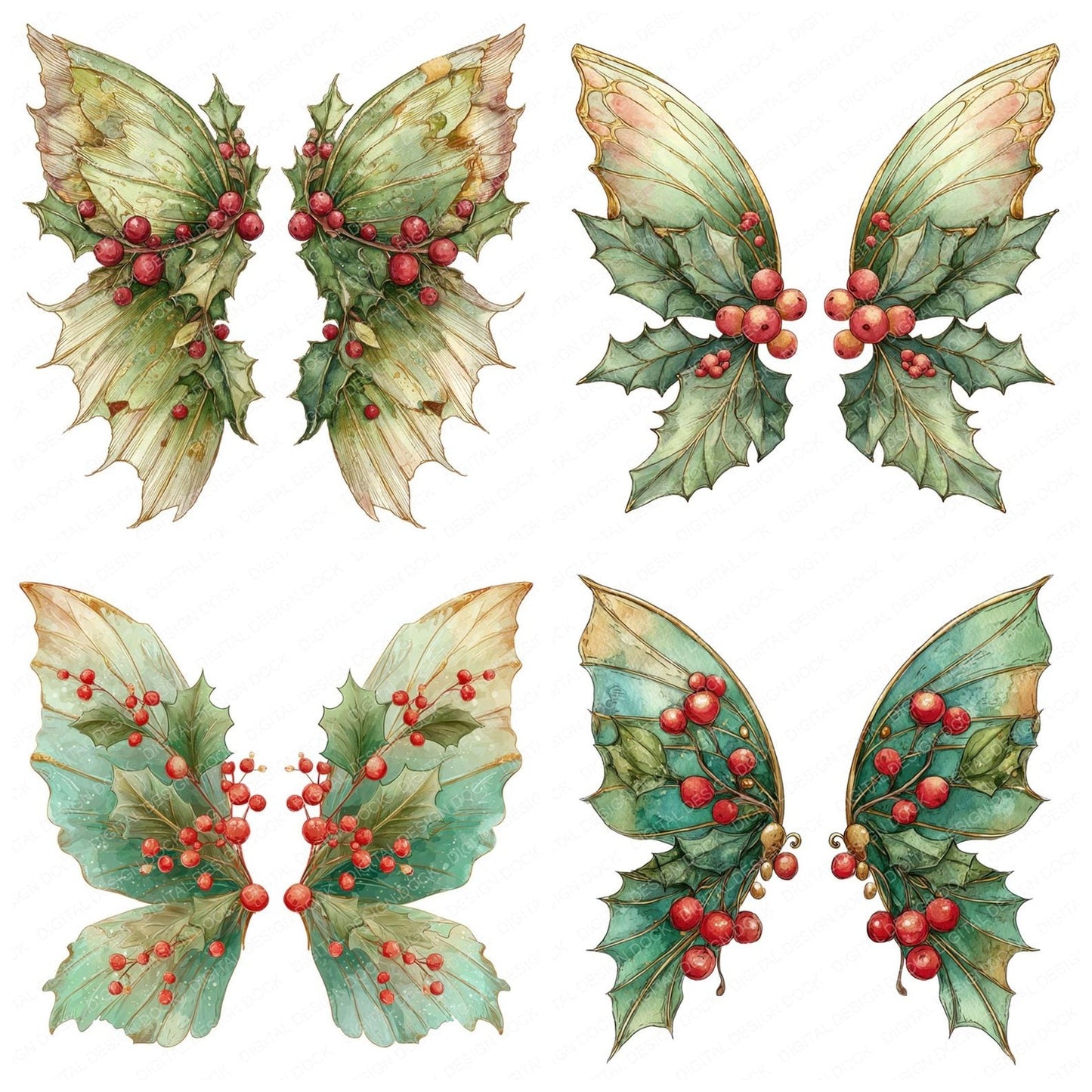 Christmas Holly Fairy Wings Clipart Set (DDD004892)