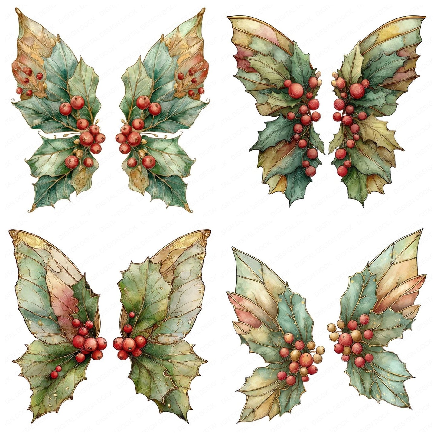 Christmas Holly Fairy Wings Clipart Set (DDD004892)