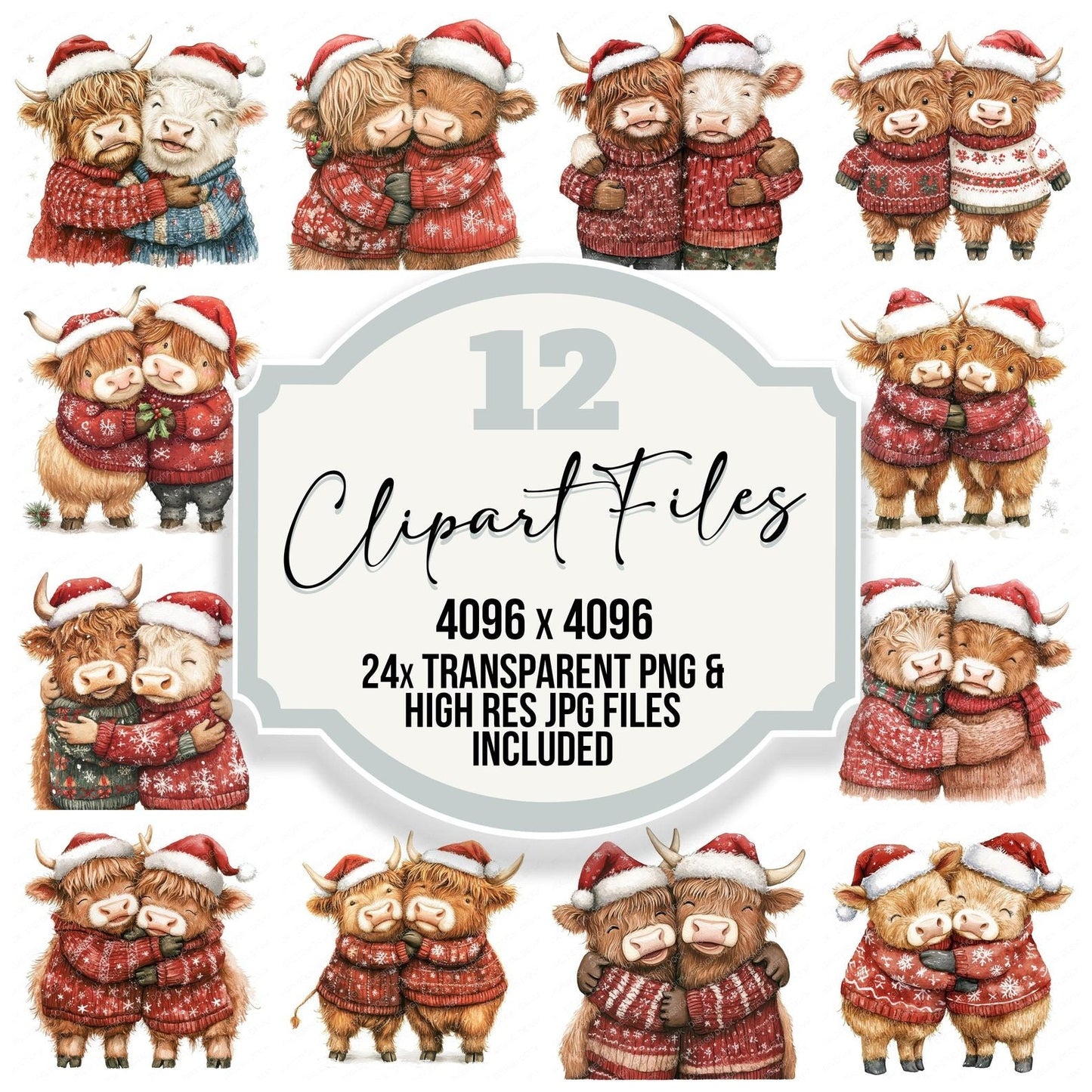 Christmas Hugging Highland Cow Clipart Set (DDD004894)