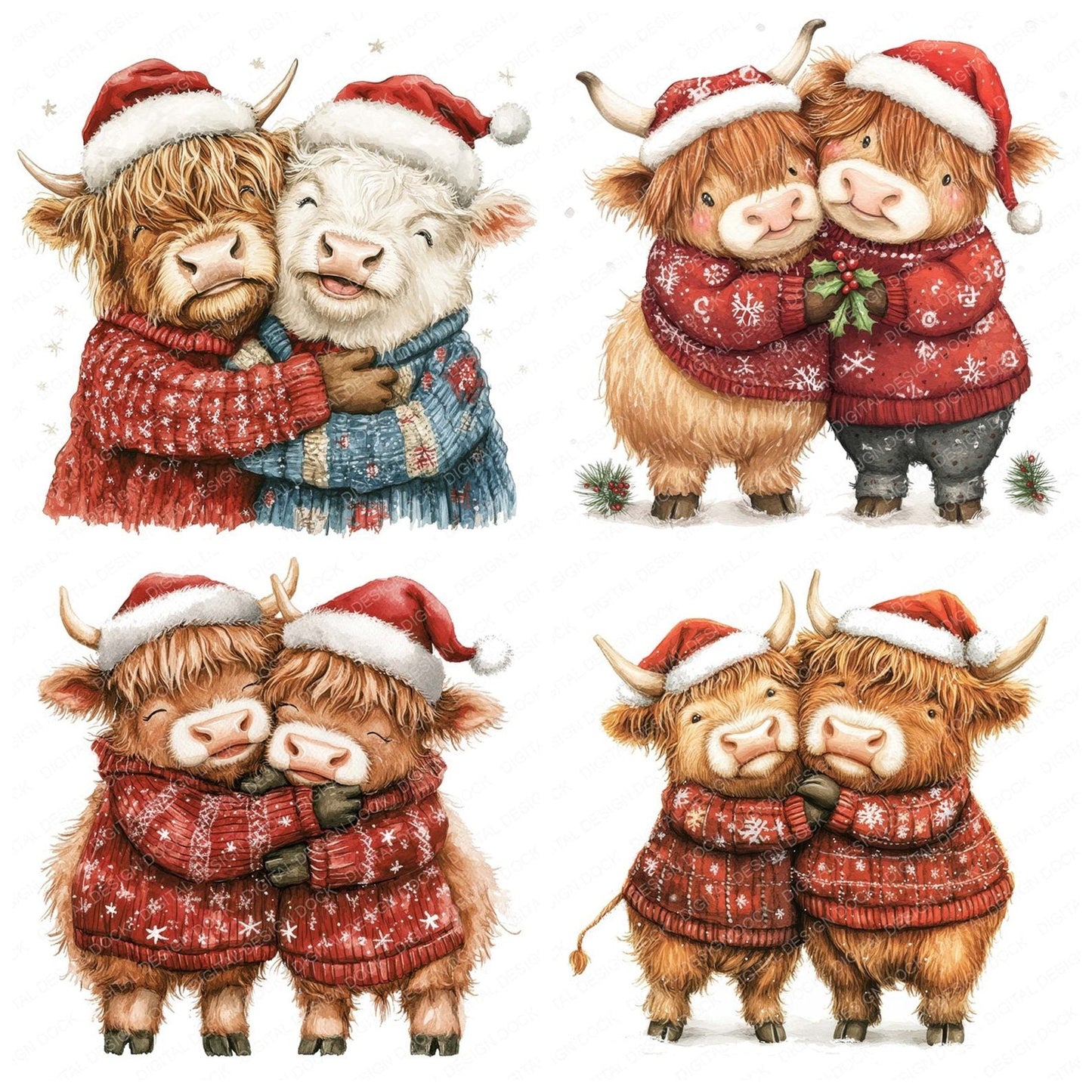 Christmas Hugging Highland Cow Clipart Set (DDD004894)