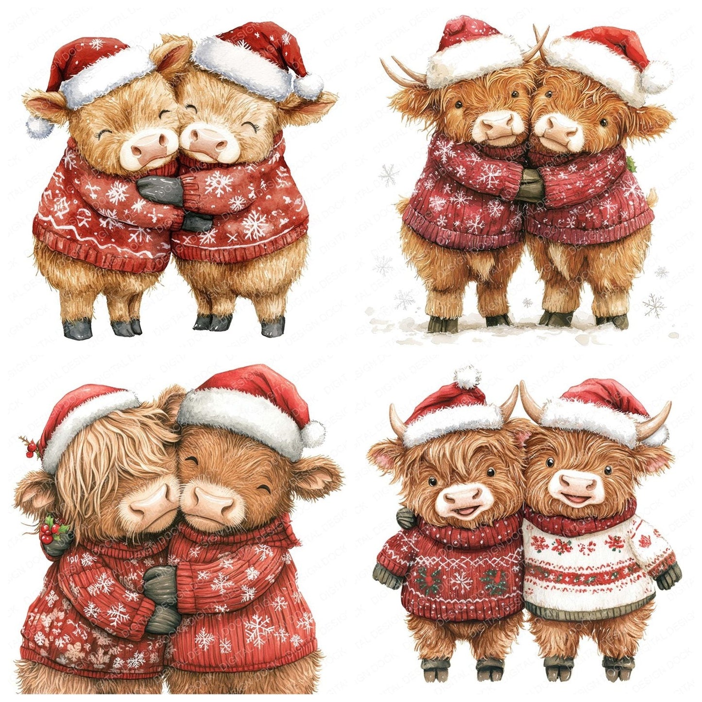 Christmas Hugging Highland Cow Clipart Set (DDD004894)